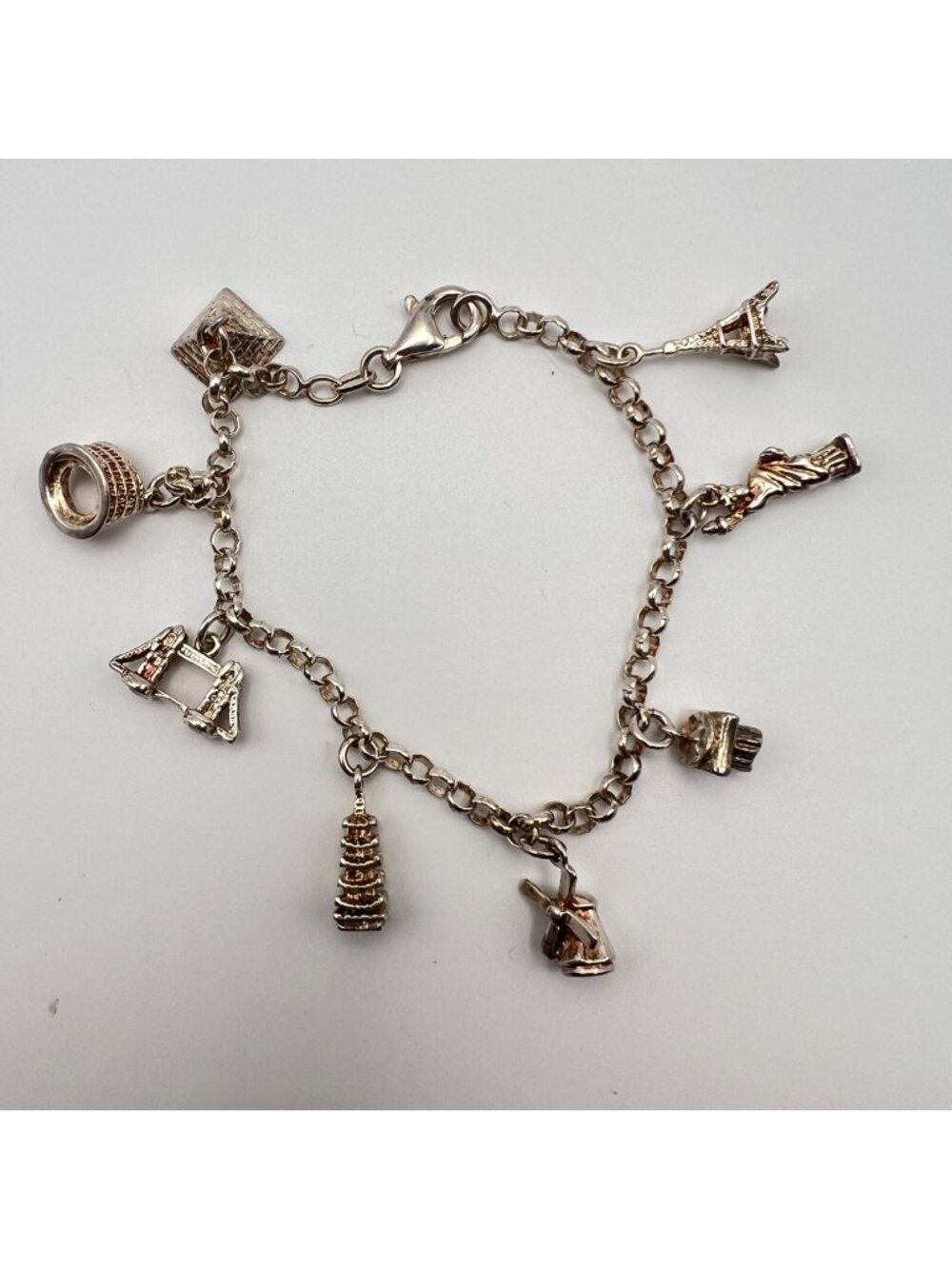 MWS Italy 925 Sterling Silver World Travel Landmark Charm Bracelet 17.41g 7.5"